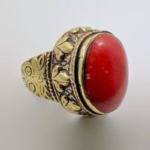 Afghan Ring, Orange Red Stone, Kuchi Ring, Vintage, Brass, Ornate, Size 7